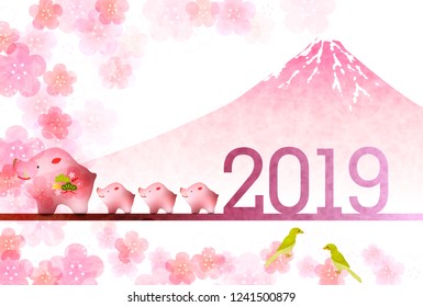 boar New Year card Fuji background