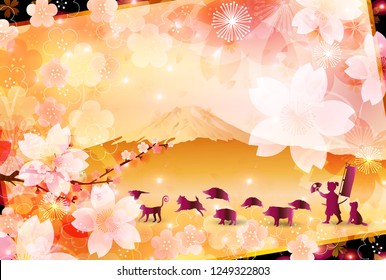 boar New Year card Fuji background