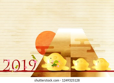 boar New Year card Fuji background