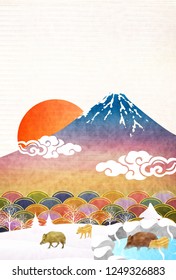 boar New Year card Fuji background