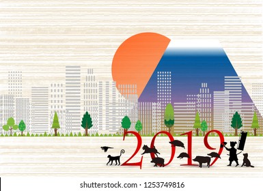 boar New Year card Fuji background