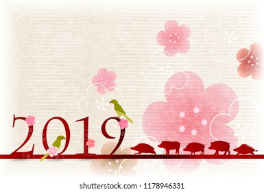 boar New Year card Japanese paper background