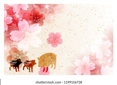 boar New Year card Japanese paper background