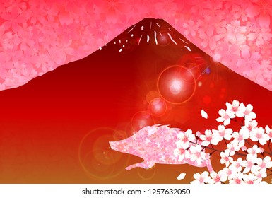 boar New Year card Mt. Fuji background