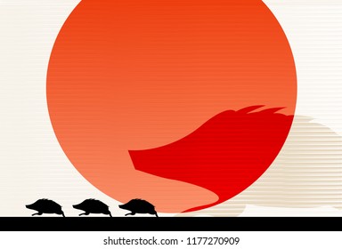 boar New Year card Sunrise background