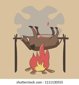 boar on a spit, funny vector cartoon illustration  of traditional food preparation