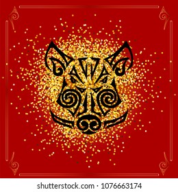 Boar, pig head isolated on red background with golden confetti. Symbol of Chinese 2019 New Year. Vector illustration. Stylized Maori face tattoo.