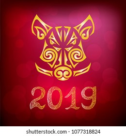 Boar, pig head isolated on red background. Symbol of Chinese 2019 New Year. Vector illustration. Stylized Maori face tattoo.