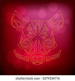 Boar, pig head isolated on red background. Symbol of Chinese 2019 New Year. Vector illustration. Stylized Maori face tattoo.
