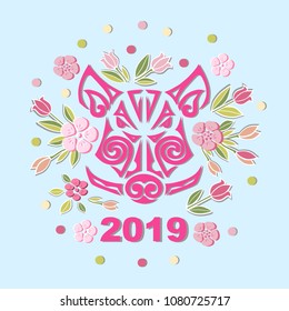 Boar or Pig Head isolated on background with flowers. Pig or Boar head as logo, badge, icon. Template for party invitation, greeting card, pet shop, web. Symbol of Chinese New Year 2019.