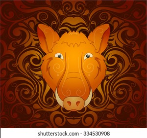 Boar pig as symbol for year 2019 by Chinese traditional horoscope with orient ornament on backdrop