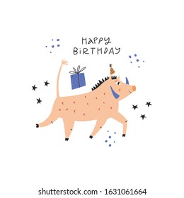 Boar with present flat illustration with typography