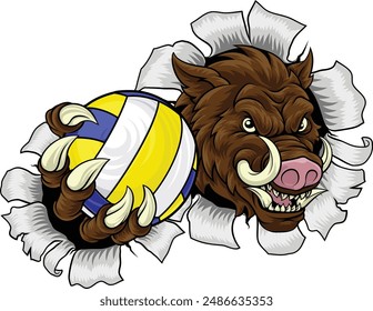 A boar razorback hog volleyball animal sports mascot holding a volley ball in his claw