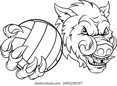A boar razorback hog volleyball animal sports mascot holding a volley ball in his claw