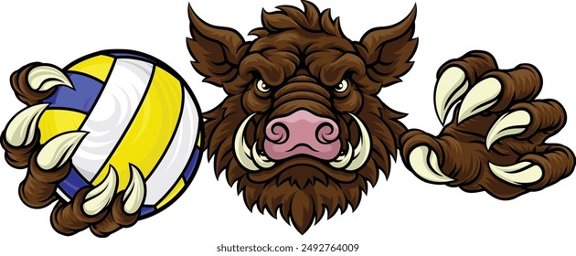 A boar razorback hog volleyball animal sports mascot holding a volley ball in his claw