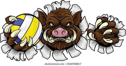 A boar razorback hog volleyball animal sports mascot holding a volley ball in his claw