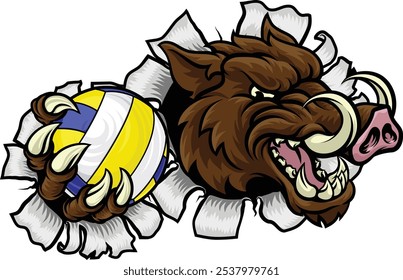 Ein Wildschwein Rasiermesser Volleyball Tier Sport Maskottchen hält einen Volleyball in seiner Klaue