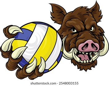 Ein Wildschwein Rasiermesser Volleyball Tier Sport Maskottchen hält einen Volleyball in seiner Klaue