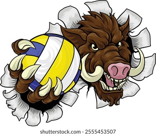 A boar razorback hog volleyball animal sports mascot holding a volley ball in his claw