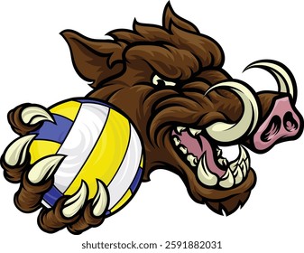 A boar razorback hog volleyball animal sports mascot holding a volley ball in his claw