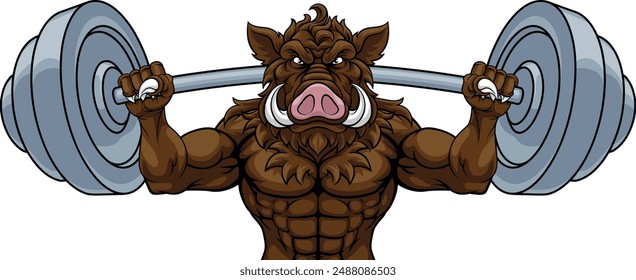 A boar razorback hog weight lifting gym animal sports mascot lifting a barbell