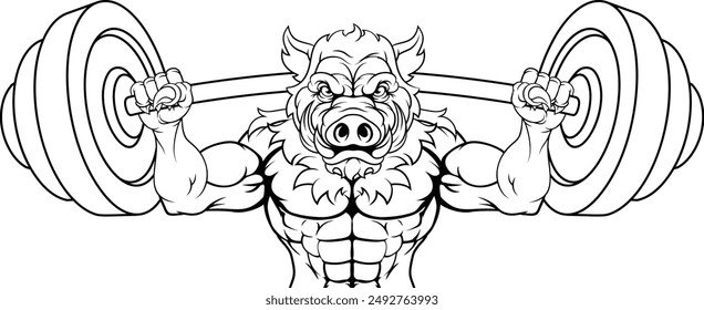 A boar razorback hog weight lifting gym animal sports mascot lifting a barbell