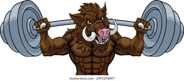 A boar razorback hog weight lifting gym animal sports mascot lifting a barbell