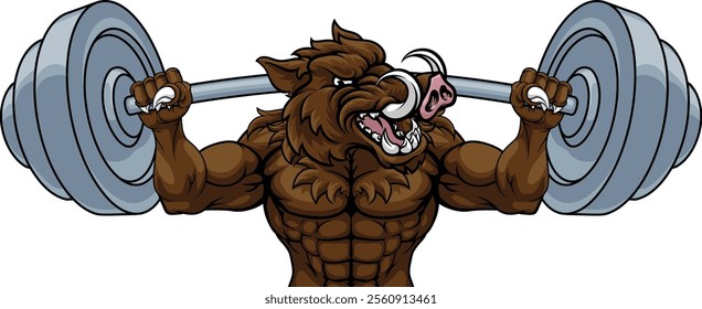 A boar razorback hog weight lifting gym animal sports mascot lifting a barbell