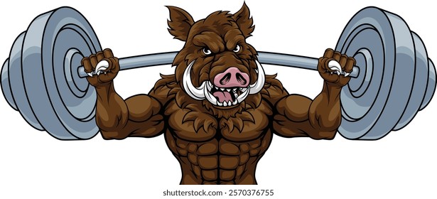 A boar razorback hog weight lifting gym animal sports mascot lifting a barbell