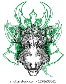 
Boar Samurai. Samurai mask, an old Japanese mask. Freehand drawing in vintage style.