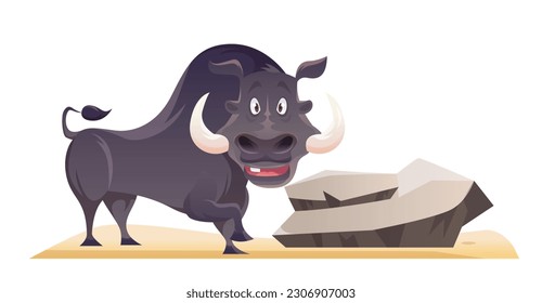 Boar savannah animal. Wild black herbivore on sand with stone. Funny smiling zoo character with tusks. African mammals, wild life, nature concept. Cartoon flat vector illustration on white background