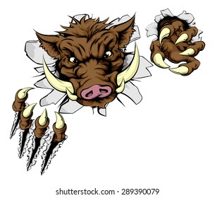 A boar sports mascot breaking through the wall with claws 