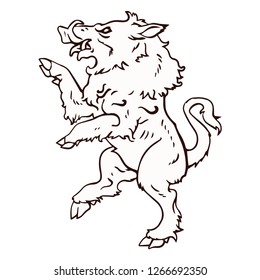 Boar stands on its hind legs. Black white illustration. Sketch for tattoo.