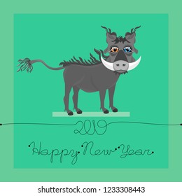 Boar, stylized, with big eyes, standing on four legs.