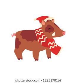 Boar symbol of New Year, cute animal of Chinese horoscope in Santa Claus har and scarf vector Illustration on a white background