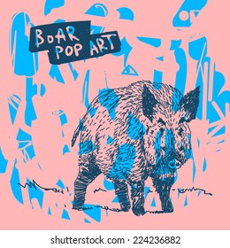 Boar vector drawing on colorful background with sign