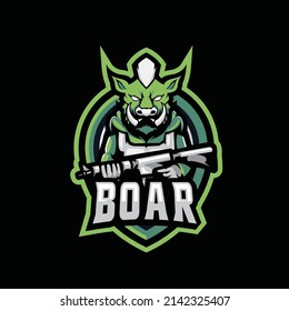 Diseño del logotipo de mascota vectorial de la caja con un estilo de ilustración moderno para la impresión de insignias, emblemas y camisetas. Ilustración de jabalí con escopetas en la mano.