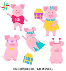 Boar walks with a windmill toy. Cute pig in superhero costume. A funny piggy holding a box with a gift. Cute piglet sits in glasses and a bow tie.