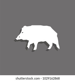Boar. White vector icon with shadow on gray background.