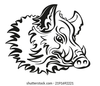 Boar, Wild Hog, Feral Pig with shaggy fur, sharp fangs, dangerous, menacing look, ready to attack. Isolated illustration, black and white on white background. Symbol and sign. Vector.
