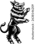 A boar wild hog razorback warthog pig animal for crest in rampant pose. Heraldic coat of arms heraldry design element concept in a vintage illustration style.