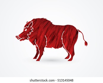 Boar, Wild Hog Standing Designed Using Red Grunge Brush Graphic Vector.