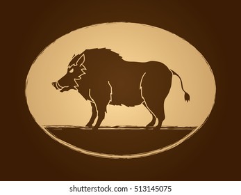 Boar, Wild Hog standing designed on grunge circle background graphic vector.