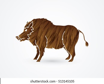 Boar, Wild Hog Standing Designed Using Brown Grunge Brush Graphic Vector.