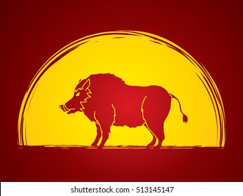 Boar, Wild Hog standing designed on moonlight background graphic vector.