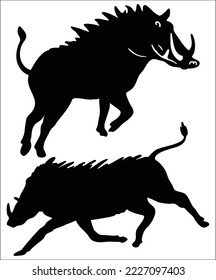 Boar wild pig isolated animal silhouette. Vector hog, warthog swine with tusks set of 2