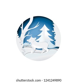 Boar in winter forest standing on snow paper art. New Year and Christmas season. Digital paper craft style.