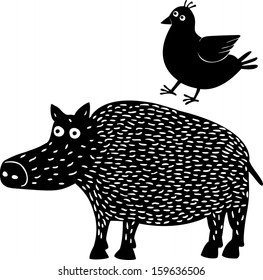 Boar&bird. Hand drawn illustration.