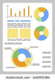 Board with analytics information and charts. Statistics diagrams and graphics for reports and presentations. Business visualization with captions. Vector illustration of data analysis in flat style