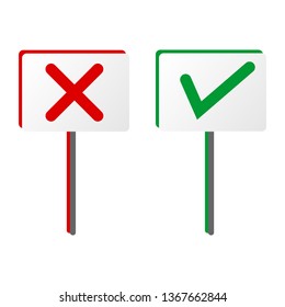 Board for approval and non-approval.  Symbol for accept and decline. Full of color flat vector illustration.